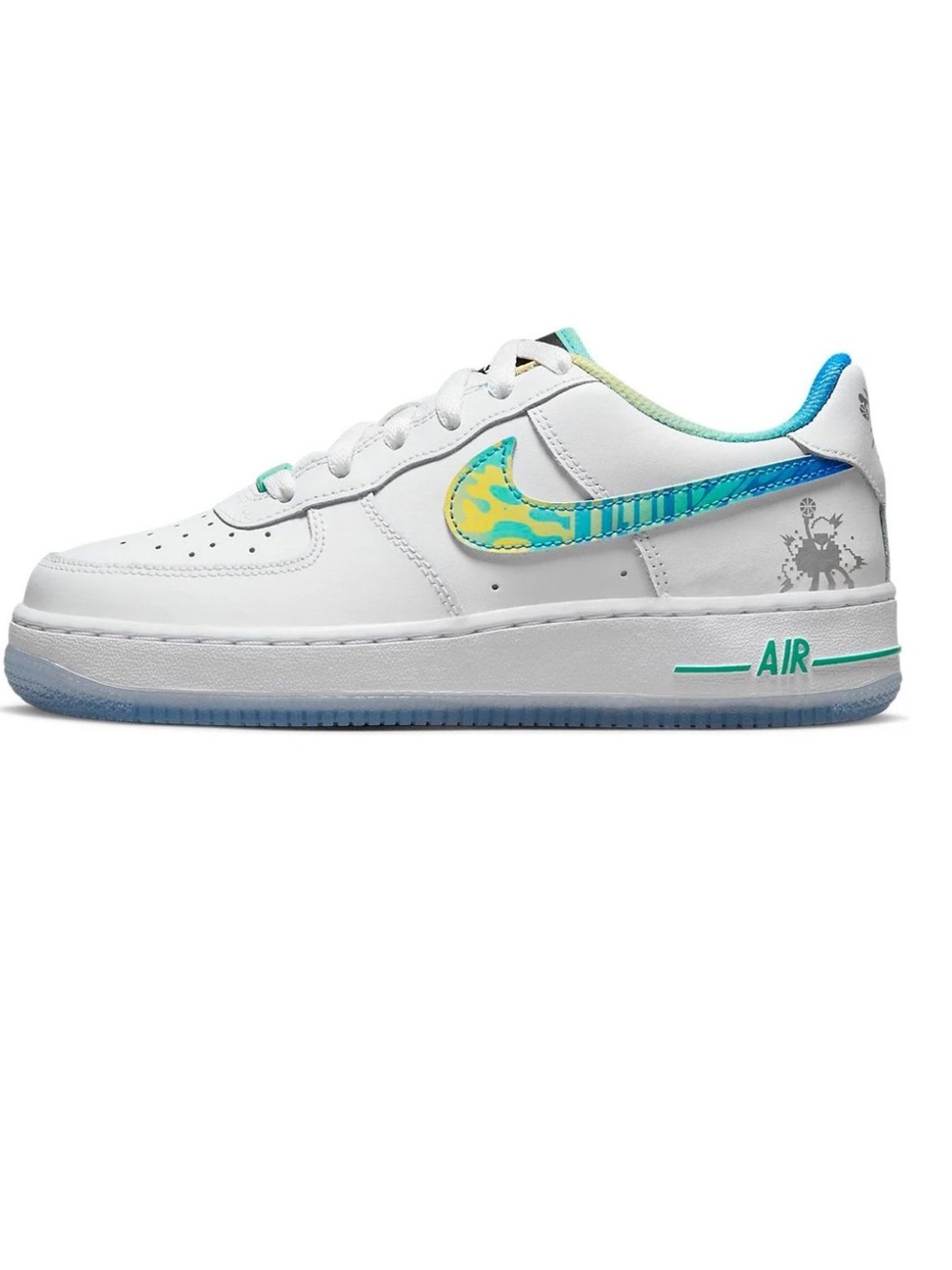 Nike White Low-Top Kids Sneakers with Blue & Green Patterned Swoosh. Excellent